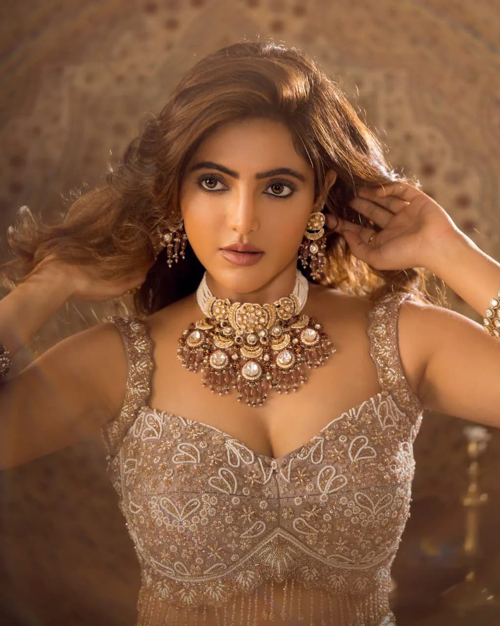 Close-up of glamorous makeup and statement jewellery